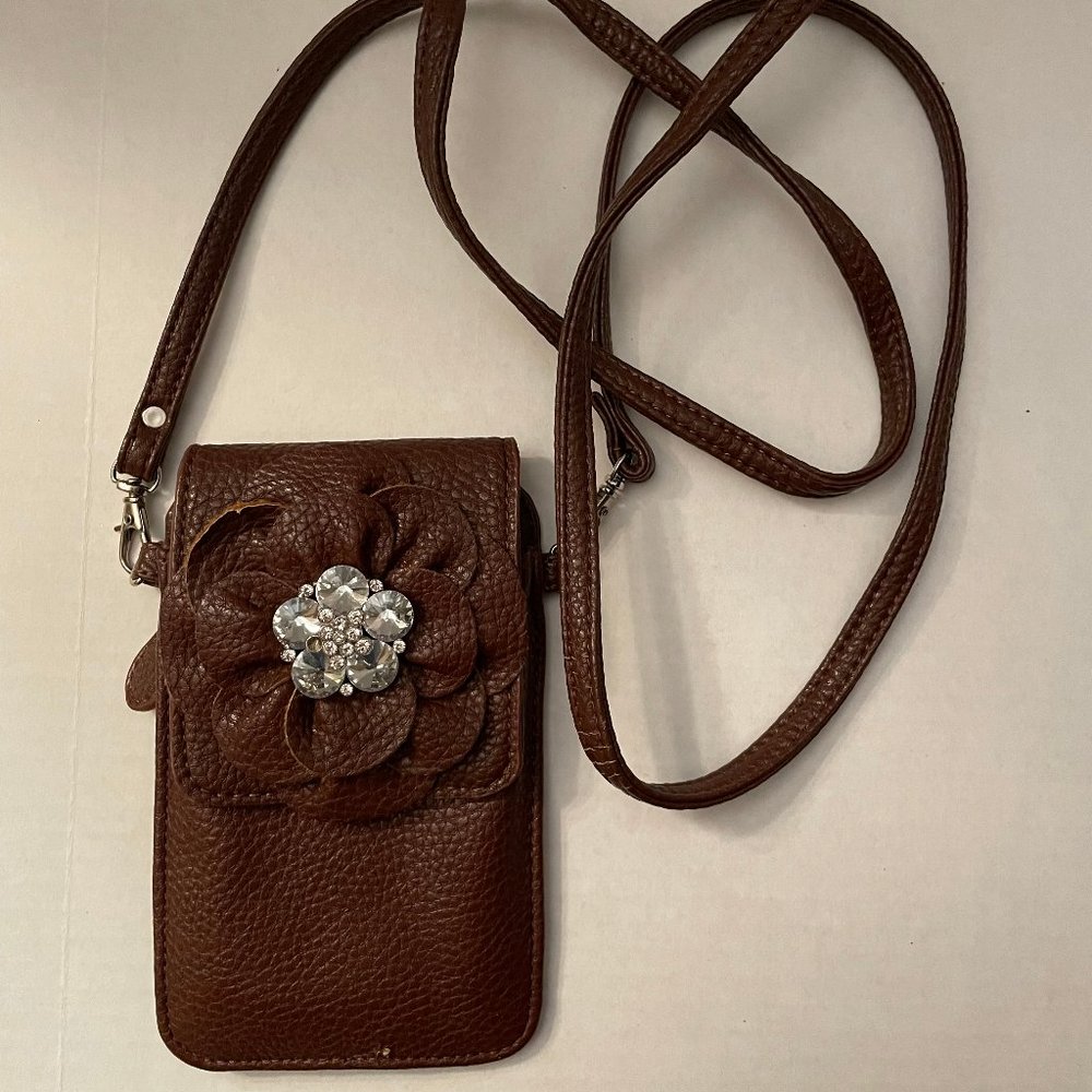Brown faux-leather wallet with flower gem